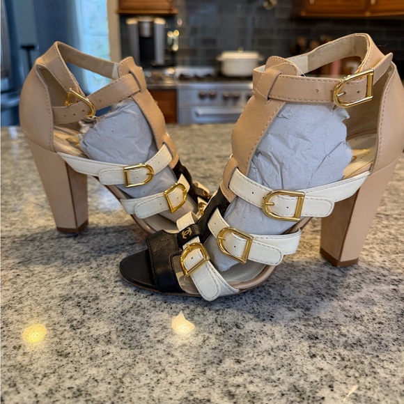 CHANEL Black and Cream Multi-Strap Heels